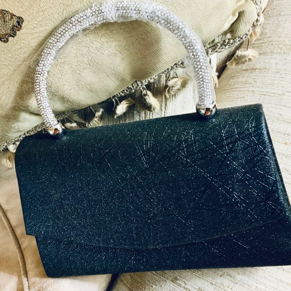 Evening Bag BLACK  🩷SPARKLING CRYSTAL JEWELED HANDLE NWOT HANDBAG ⭐️RETRO VIBE - Picture 8 of 12
